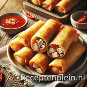 Goudbruine kiploempiaatjes uit de airfryer op bord met chilisaus en groenten op houten tafel.