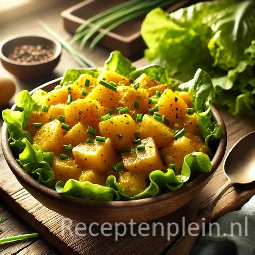 Salade met aardappelblokjes in kerriedressing en botersla in kom op houten tafel met lepel ernaast.