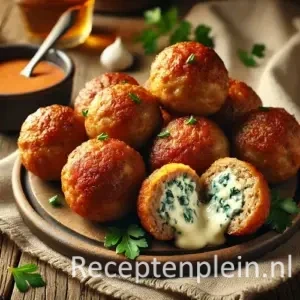 Goudbruine gehaktballetjes met romige roquefortvulling, geserveerd op houten tafel met peterselie.