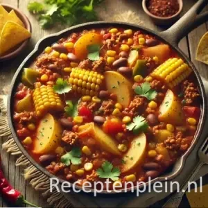 Pittige Mexicaanse stoof met aardappel, bief, maïs en bonen in tomatensaus, geserveerd in pan op houten tafel.