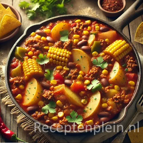 Pittige Mexicaanse stoof met aardappel, bief, maïs en bonen in tomatensaus, geserveerd in pan op houten tafel.
