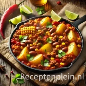 Pittige Mexicaanse pan met aardappelen, lams- en rundvlees, bonen en paprika in tomatensaus met koriander.