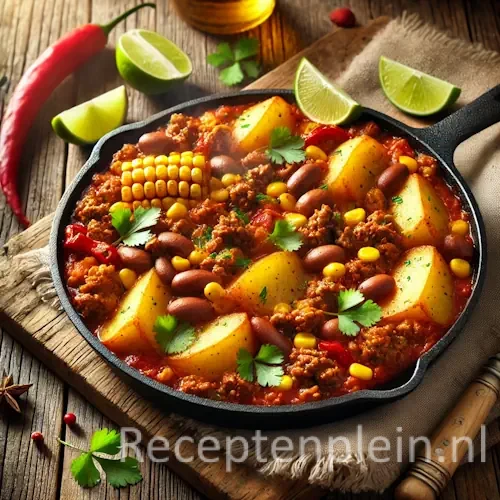 Pittige Mexicaanse pan met aardappelen, lams- en rundvlees, bonen en paprika in tomatensaus met koriander.