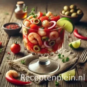 Mexicaanse cocktail met zeefruit en tomaten op een rustieke houten tafel.