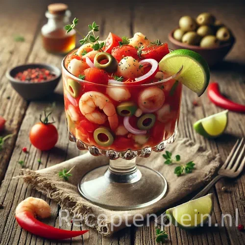 Mexicaanse cocktail met zeefruit en tomaten op een rustieke houten tafel.
