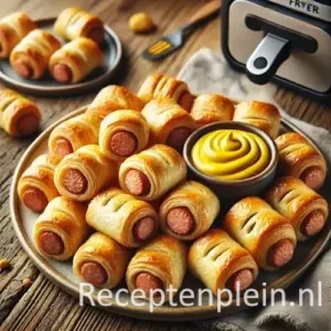 Mini knakworstjes in goudbruin bladerdeeg met mosterddip op houten tafel, vers uit de airfryer