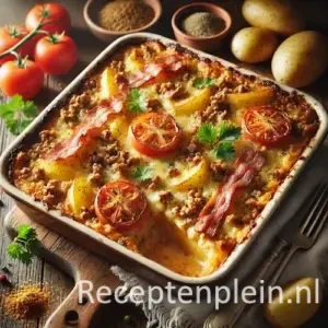 Ovenschotel met gehakt, aardappel en spek, goudbruin gegratineerd met kaas en tomaat op houten tafel.