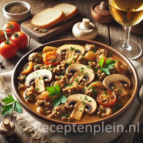 Romige stoofpot met paddestoelen, gehakt en witte wijn, geserveerd in kom met peterselie op houten tafel.
