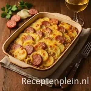 Goudbruine aardappel-braadworstgratin met gesmolten kaas en plakjes braadworst in een ovenschaal, geserveerd op een houten tafel met een vork, mes en glas witte wijn.