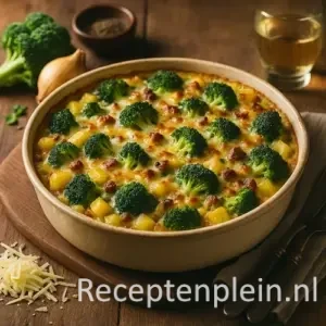 Versgebakken broccoli-aardappeltaart met krokante kaaslaag, stukjes spek en aardappelblokjes in een ovenschaal op een houten tafel, omringd door verse broccoli, geraspte kaas en een glas witte wijn.