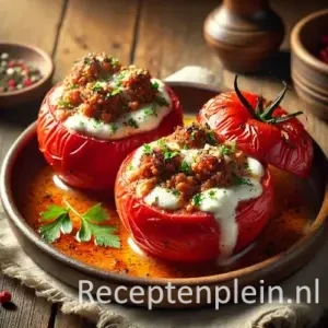 Gevulde tomaten met kruidig gehakt en romige geitenkaas, gegarneerd met verse kruiden op rustiek bord.