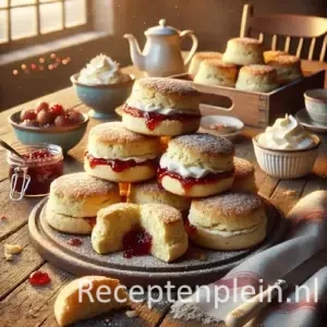 Goudbruine scones op houten tafel, deels gevuld met jam en slagroom, geserveerd met schaaltjes jam en room.