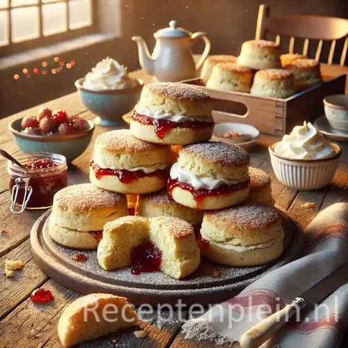Goudbruine scones op houten tafel, deels gevuld met jam en slagroom, geserveerd met schaaltjes jam en room.