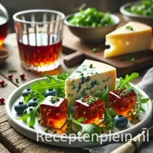 Plakjes Stilton met blokjes amberkleurige sherrygelei en rucola op wit bord met glas sherry op houten tafel.