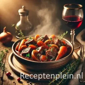 Stoofpot met rundvlees, wortel en ui in rijke rodewijnsaus, geserveerd in kom met glas rode wijn.