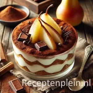 Tiramisu met laagjes mascarpone, peer en chocolade, bestrooid met cacaopoeder op houten tafel.