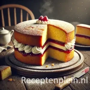Victoria sponge cake met jam en slagroomvulling, bestoven met poedersuiker op houten tafel, een punt uitgesneden.