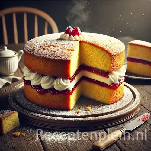 Victoria sponge cake met jam en slagroomvulling, bestoven met poedersuiker op houten tafel, een punt uitgesneden.