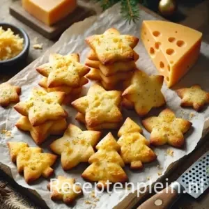 Goudbruine kaaskoekjes in kerstvormpjes met Gruyère, geserveerd op bakpapier op houten tafel met kaasblok erbij.
