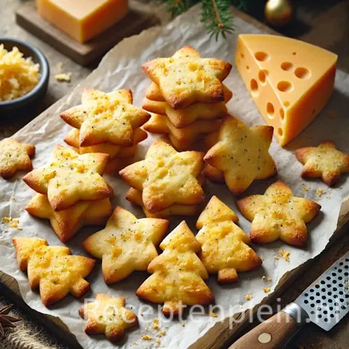 Goudbruine kaaskoekjes in kerstvormpjes met Gruyère, geserveerd op bakpapier op houten tafel met kaasblok erbij.
