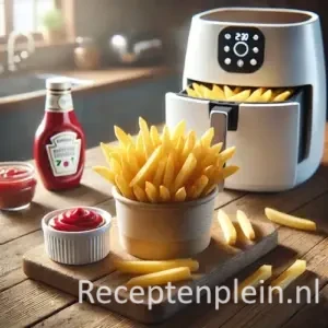 Goudbruine frietjes uit airfryer in kommetje met mayonaise en ketchup op houten tafel.