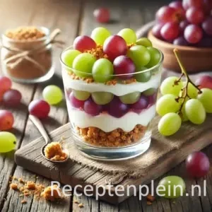 Dessert met druiven, romige laag en knapperige kruimeltopping in glas op houten tafel met zachte belichting.