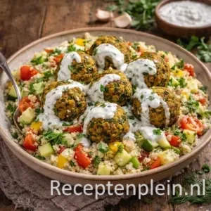 Zomerse couscoussalade met groenteballetjes en knoflooksaus in een schaal op een rustieke houten tafel, uitgezoomd met verse groenten en kruiden ernaast