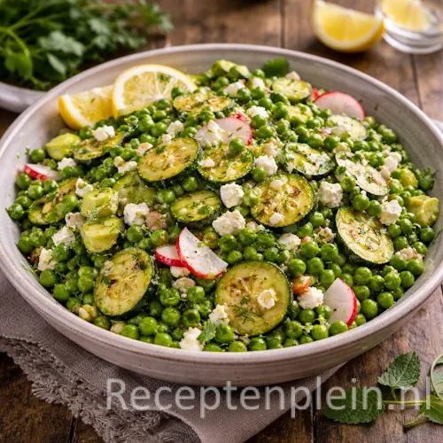 Zomerse doperwten-courgettesalade met witte kaas in een schaal op een rustieke houten tafel, uitgezoomd met citroen en verse kruiden ernaast