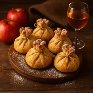 Appelflapjes in de vorm van de zak van Sinterklaas, gevuld met appel en speculaaskruiden, op een houten tafel met poedersuiker, appels en een glas Muscat-wijn ernaast.