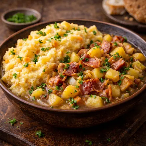Een warme kom met Engelse stoofpot van aardappel en bacon, geserveerd naast romige hutspotpuree, gegarneerd met verse peterselie op een rustieke houten tafel.