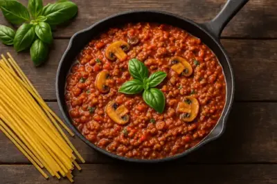 Gehaktsaus Bolognese met spek, champignons en room in een gietijzeren pan op een rustieke houten tafel, omringd door verse basilicum en pasta, met natuurlijke belichting.