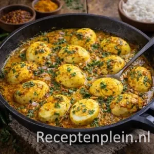 Goudgele eiercurry met Indiase kruiden in een pan op een rustieke houten tafel, uitgezoomd met rijst, specerijen en verse kruiden ernaast