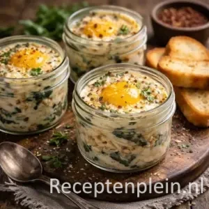 Ovengebakken ei in een potje met kip en Parmezaan op een rustieke houten tafel, uitgezoomd met toast en verse kruiden ernaast