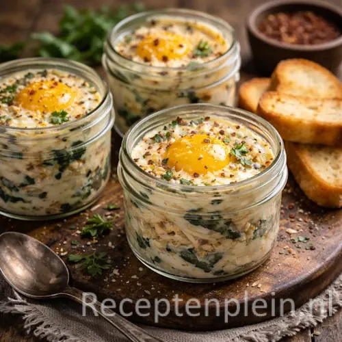 Ovengebakken ei in een potje met kip en Parmezaan op een rustieke houten tafel, uitgezoomd met toast en verse kruiden ernaast