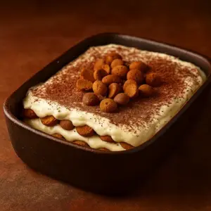 Een schaal romige tiramisu met kruidnoten, mascarpone en chocoladelaag, versierd met speculaaskruiden, chocoladevlokken en een glas Muscat-wijn op een houten tafel.