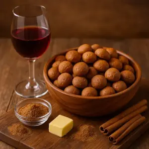Kom met zelfgebakken kruidnoten op een houten tafel, omringd door kaneelstokjes, speculaaskruiden en een glas Portwijn, warme sfeer.