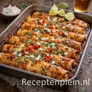 Zonnige Enchilada’s met Gerookte Kip en Geitenkaas op Rustieke Houten Tafel