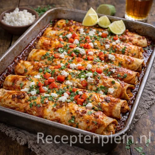 Zonnige Enchilada’s met Gerookte Kip en Geitenkaas op Rustieke Houten Tafel