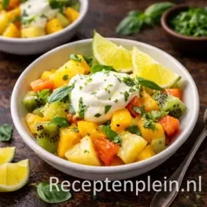 Fris tropisch fruitdessert met mango, kiwi, druiven en limoenroom in een schaal