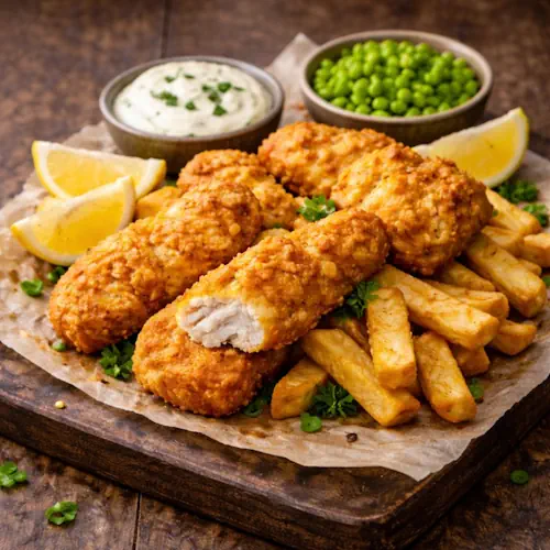Close-up van krokant gebakken Engelse fish & chips met dikke frieten, geserveerd op bakpapier op een rustieke houten plank. Vergezeld van mushy peas, tartaresaus en partjes citroen.