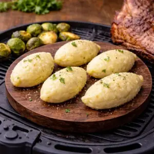 Goudgele aardappel quenelles op houten plank met spruitjes en geroosterde lamsbout op een houten tafel