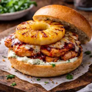 Deze BBQ-kipfilet met ananas op een broodje is sappig, rokerig en tropisch verfrissend — perfect gegaard in de airfryer en rijkelijk belegd met gesmolten kaas en romige kruidenkaas.