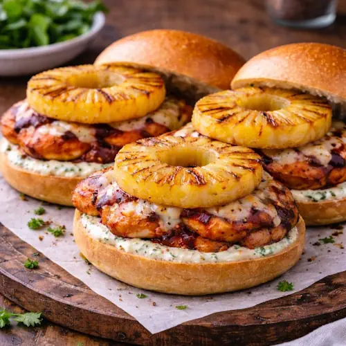Knapperig broodje met gegrilde kipfilet, gesmolten kaas en gegrilde ananas, geserveerd op houten plank met kruidige saus.