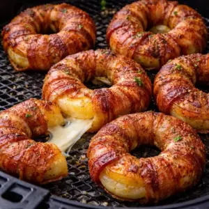 Ananas-ui donuts gewikkeld in spek, gevuld met gesmolten mozzarella en bestrooid met BBQ-rub, geserveerd op een rustieke houten tafel.