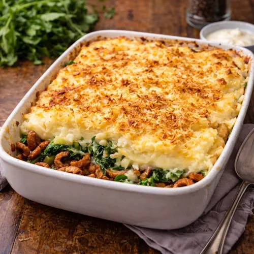 Gelaagde ovenschotel met gebakken shoarma, gestoofde andijvie, een romige laag kookroom en smeuïge aardappelpuree, afgewerkt met een krokant laagje geraspte oude kaas. Geserveerd in een witte ovenschaal op een rustieke houten tafel.