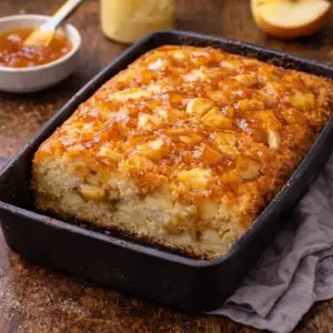 Appelcake met stukjes appel en een glanzende laag abrikozenjam, vers gebakken en geserveerd in een zwarte bakvorm op een rustieke houten tafel.