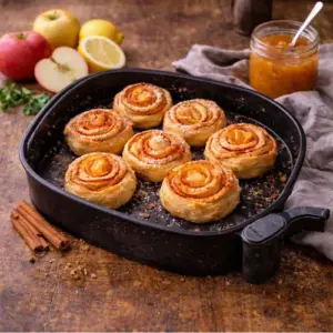 Goudbruine appelroosjes van bladerdeeg met abrikozenjam, geserveerd in een zwarte bakvorm op een rustieke houten tafel, omringd door decoratieve ingrediënten zoals verse appels, citroen, kaneelstokjes en een potje abrikozenjam.