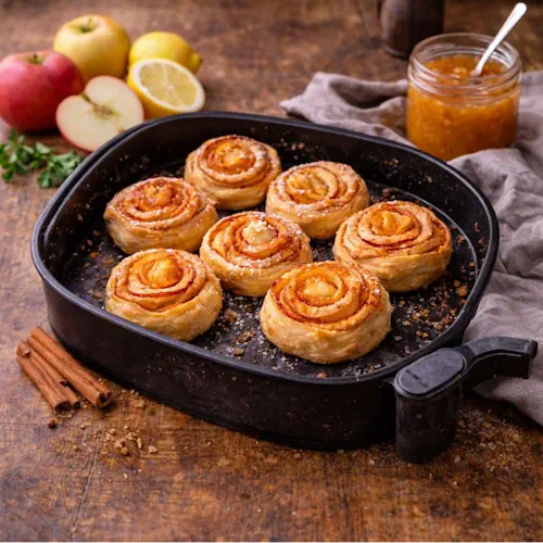Goudbruine appelroosjes van bladerdeeg met abrikozenjam, geserveerd in een zwarte bakvorm op een rustieke houten tafel, omringd door decoratieve ingrediënten zoals verse appels, citroen, kaneelstokjes en een potje abrikozenjam.