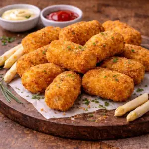 Goudbruine aspergekroketten op een rustieke houten tafel, geserveerd met aspergetips, bieslook en dipsaus als decoratie.