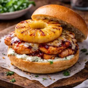 BBQ-kipbroodje met gegrilde ananas, gesmolten kaas en romige kruidenkaas op een rustiek houten bord